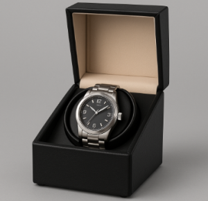 A automatic watch placed inside a leather-bound watch winder