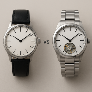 Two watches side by side: one manual-wind with leather strap, the other automatic with visible rotor and metal bracelet
