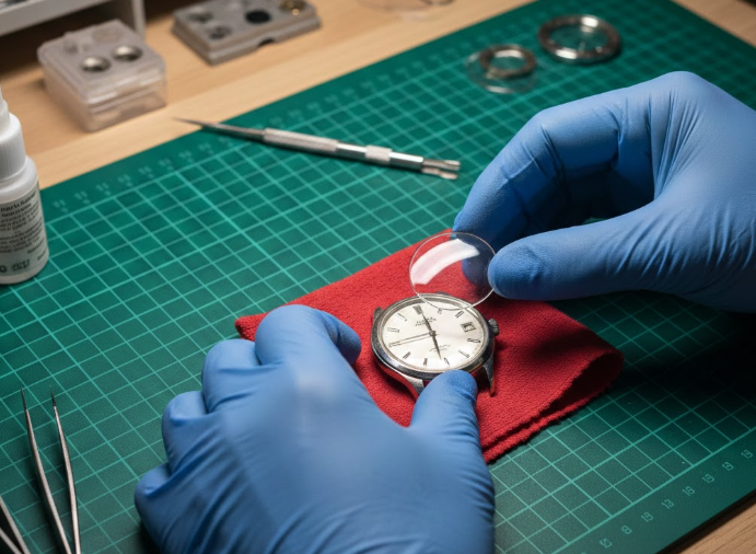 Hands replacing watch crystal carefully