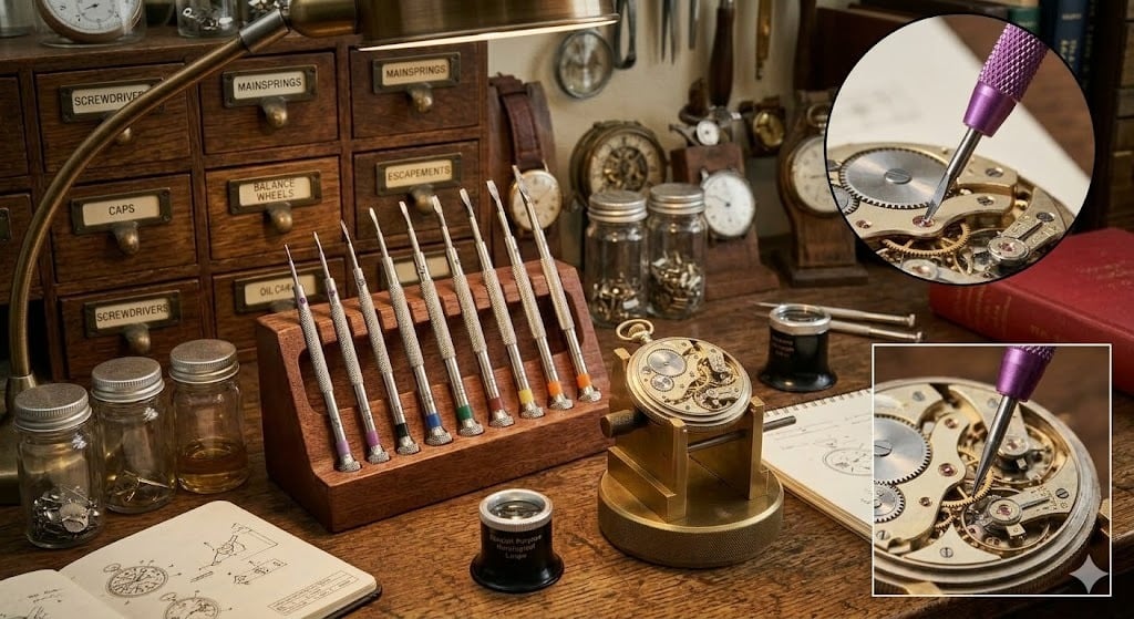 Watchmaking tools and intricate mechanisms.