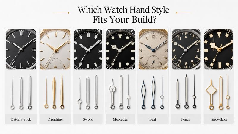 Different styles of watch hands displayed.