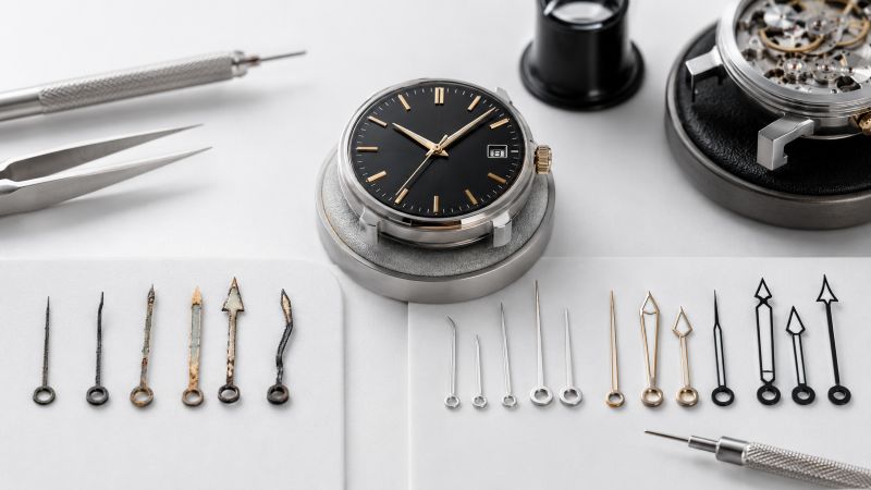 Watch components arranged for repair.