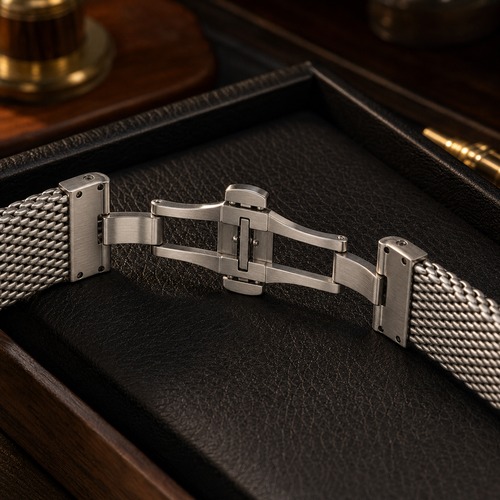 Metal mesh watch strap clasp detail