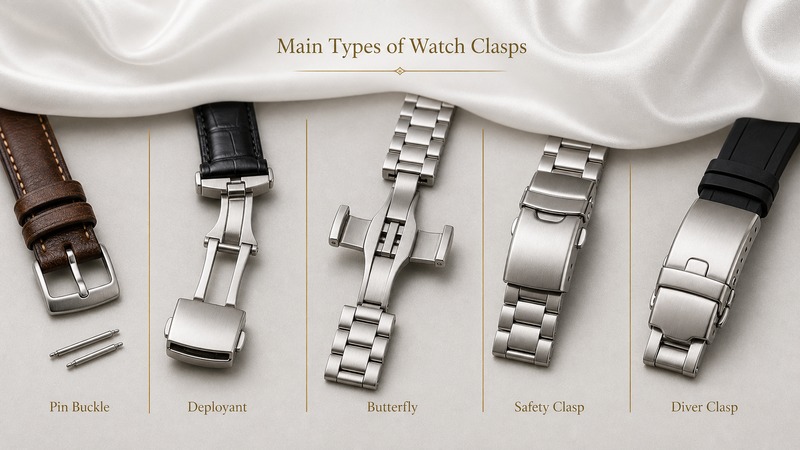 Various types of watch clasps displayed.