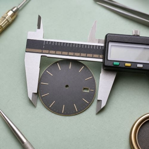 Caliper measuring watch dial components