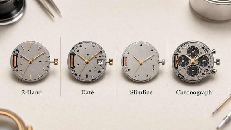 Four types of watch movements displayed.