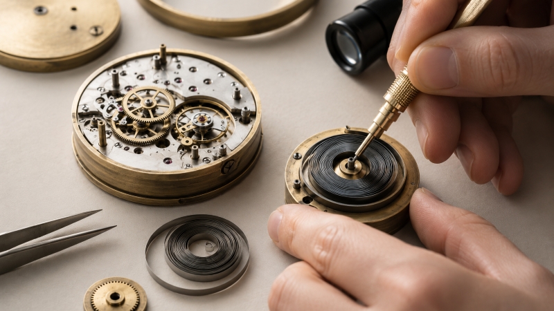Person repairing intricate clock mechanism.