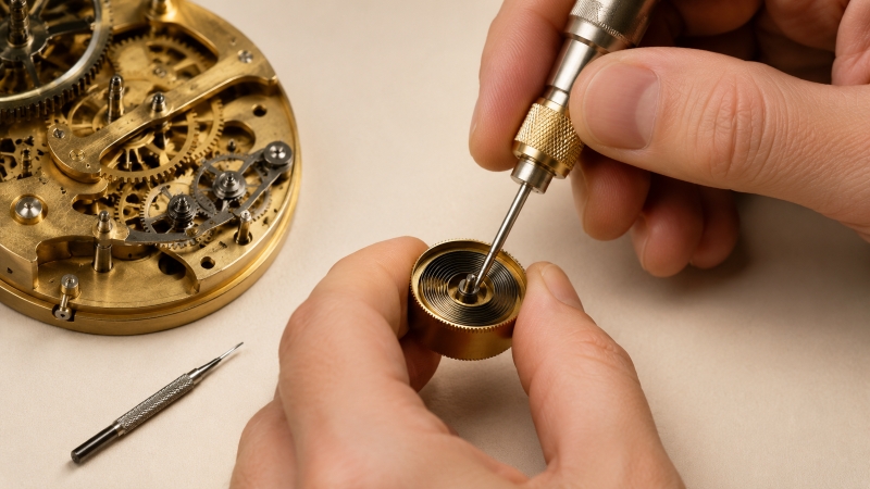 Installing mainspring in clock mechanism.