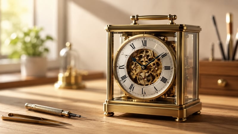 Elegant vintage clock on wooden desk.