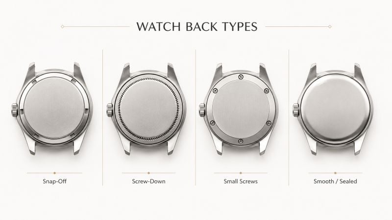 Four types of watch back designs.