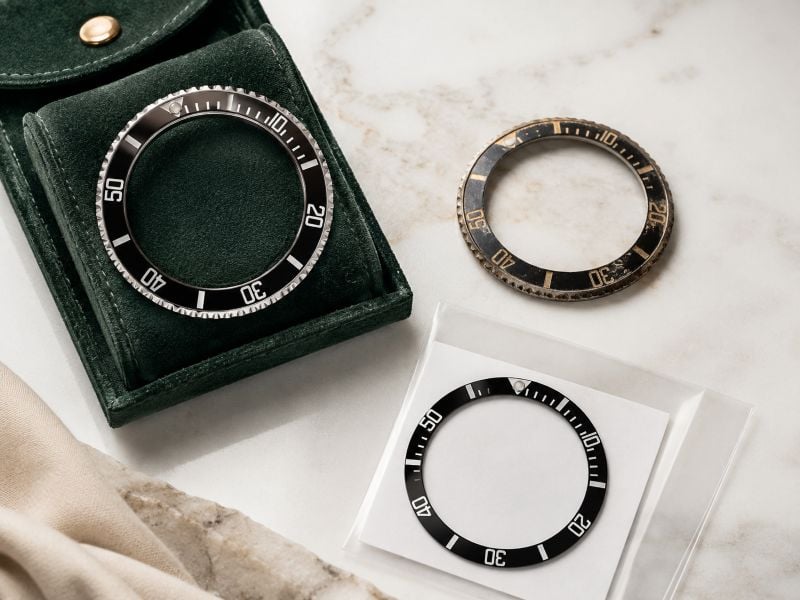 Three Rolex bezels on display.