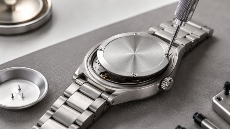 Watch being assembled with tools.