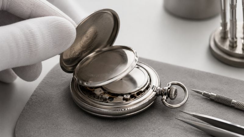 Hand opening a pocket watch case