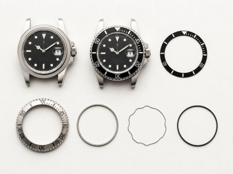 Two watch cases with bezels disassembled.