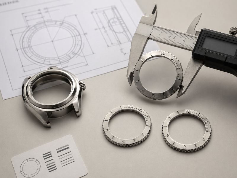 Watch parts with measurement tools displayed