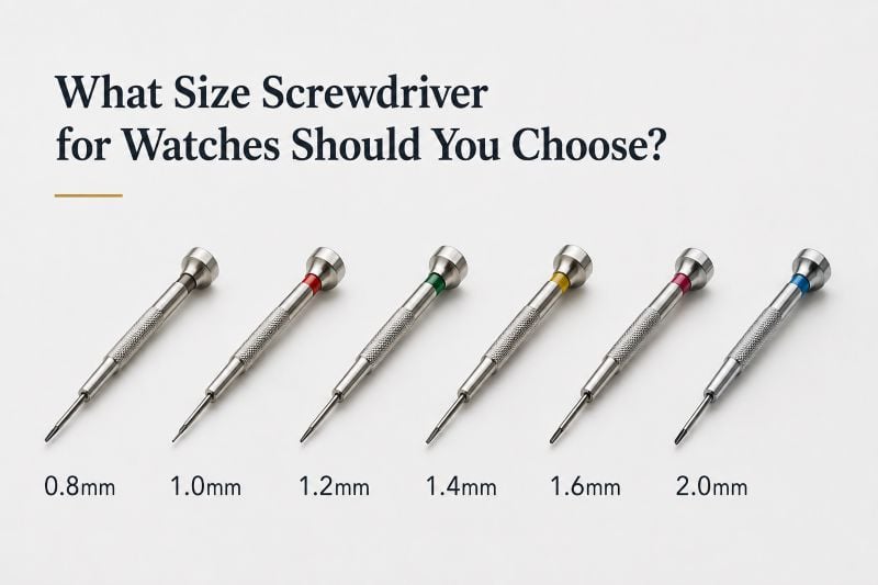 Various sizes of watch screwdrivers displayed.