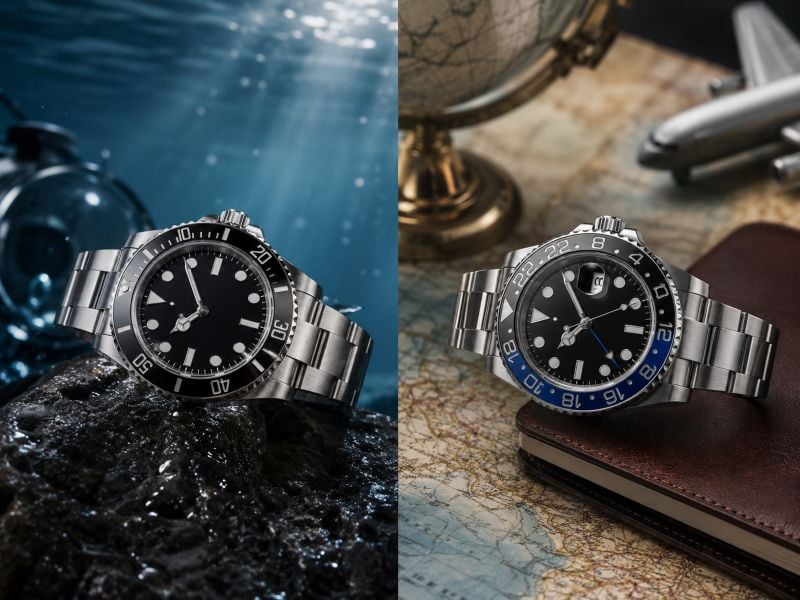 Two luxury watches on contrasting backgrounds