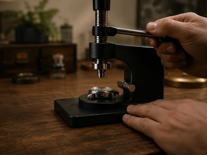 Hand using watch crystal press tool