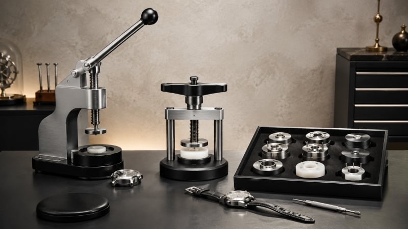 Watch press tools on a workbench.