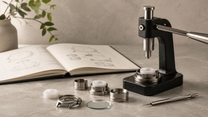 Watch press tools and sketches displayed.