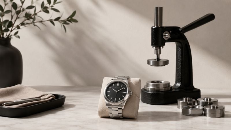 Watch on display with repair tools.
