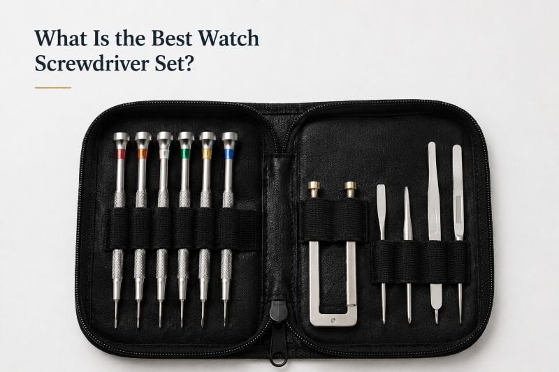 Watch screwdriver set in black case.