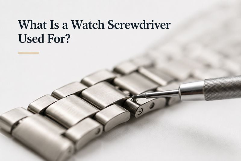 Close-up of watch screwdriver and bracelet