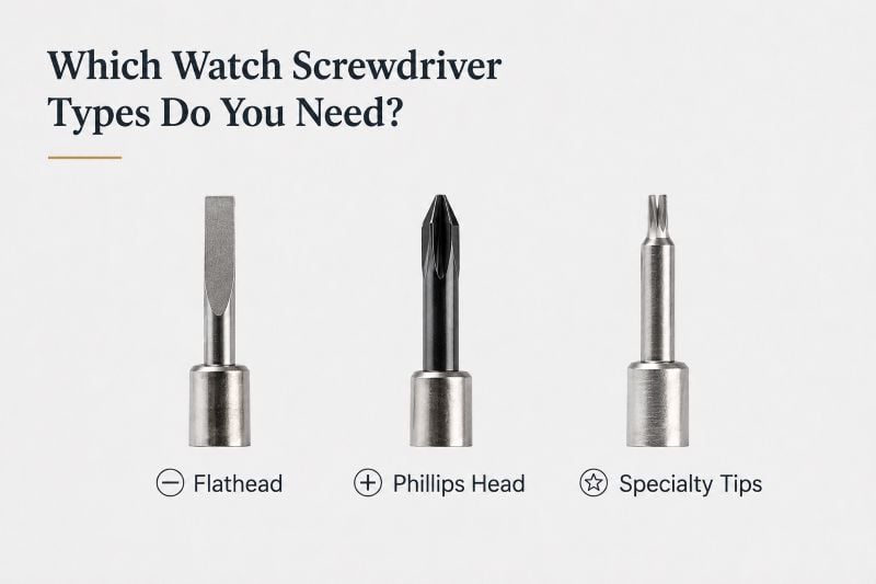 Three types of watch screwdrivers displayed.
