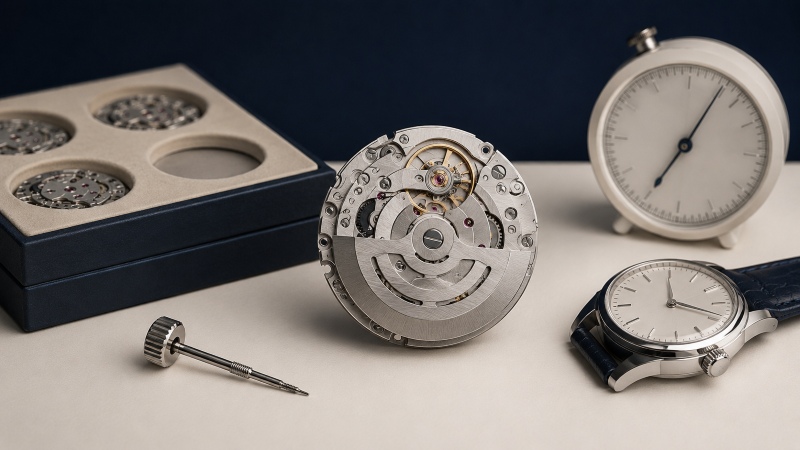 Original and upgraded automatic movements arranged beside a diver-style watch