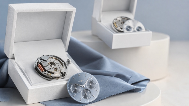 Watchmaker fitting a quartz chronograph movement into a watch case beside a matching dial