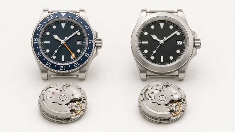 Exploded NH34 and NH35 watch builds showing cases, dials, hands, holders, movements, stems, and crowns