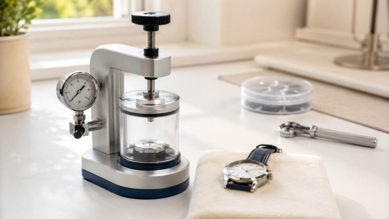 Watchmaker carefully operating a wet watch pressure tester with a watch inside the chamber