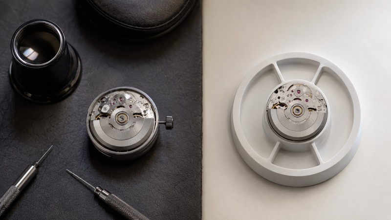 Seiko 7S26 automatic movement with a watch case, calendar wheel, and hands