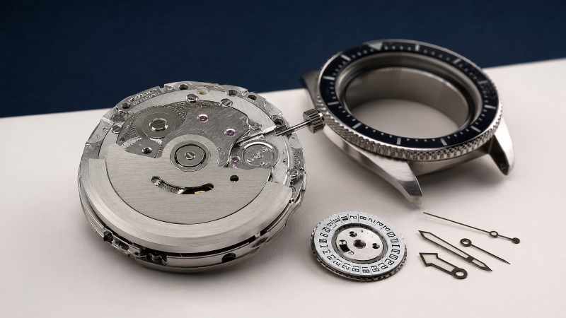 Exploded watch assembly showing the case, dial, spacer, movement, stem, and crown