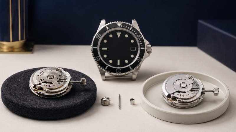 Restored automatic dive watch beside its removed movement and watch parts