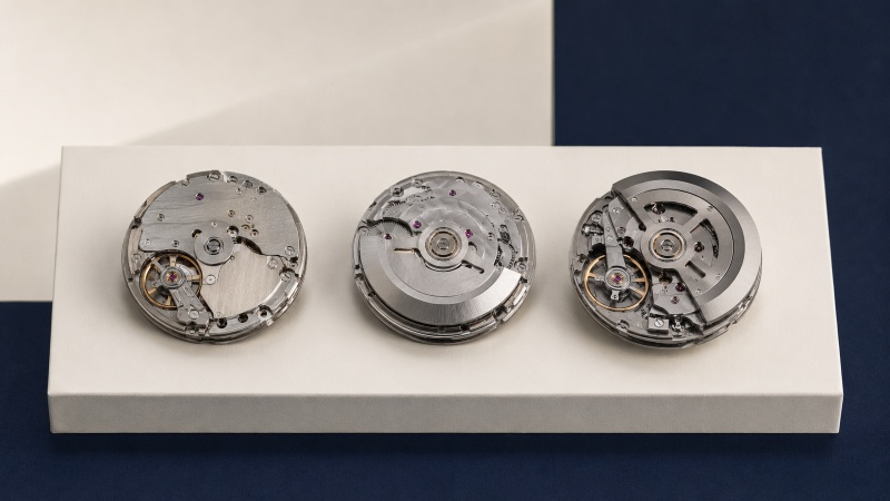 Seiko 7S26 movement service setup beside a complete replacement movement