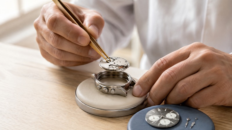 Three-subdial VK63 watch and two-subdial VK64 watch arranged on curved display platforms