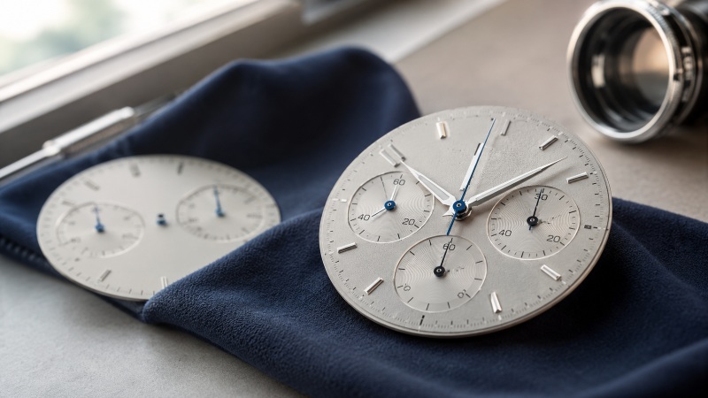 Watchmaker inspecting a quartz chronograph movement with a loupe and fine probe