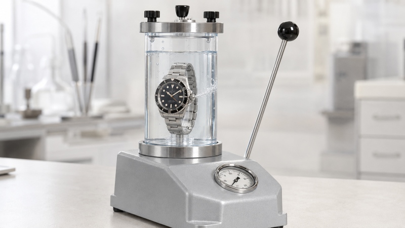 Bubbles escaping from the crown of a watch during a wet pressure test