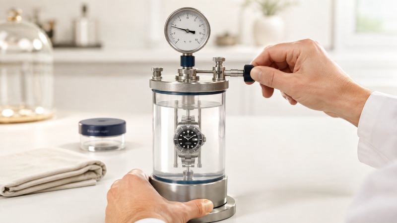 Compact manual watch pressure tester and wristwatch on a clean home repair bench