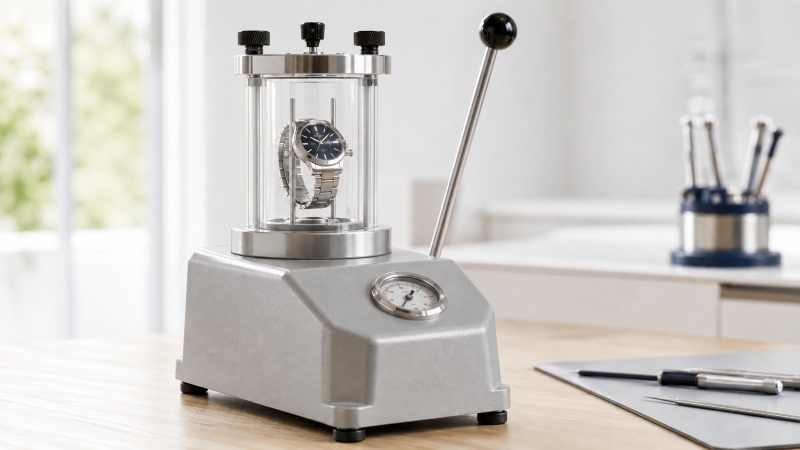 Stainless steel watch inside a dry pressure-testing chamber for checking the case seal 2 dry-vs-wet-watch-pressure-testers.webp Dry and wet watch pressure testers set up on a professional repair bench 3 safe-wet-watch-pressure-test.webp Watchmaker carefully operating a wet watch pressure tester with a watch inside the chamber 4 watch-pressure-test-crown-leak.webp Bubbles escaping from the crown of a watch during a wet pressure test 5 watch-pressure-tester-home-use.webp Compact manual watch pressure tester and wristwatch on a clean home repair bench 6 choose-watch-pressure-tester-workshop.webp Manual wet tester and electronic dry tester arranged in a professional watch workshop 7 watch-pressure-test-completed.webp Wristwatch resting on a cushion after pressure testing with the tester in the background