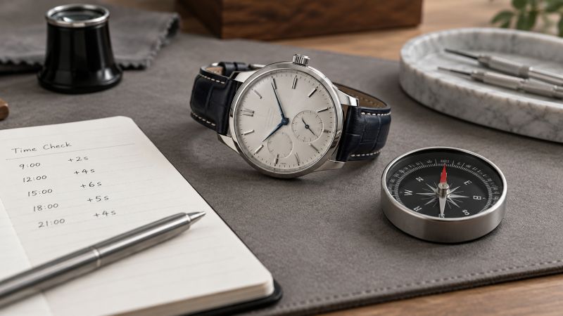 Mechanical wristwatch next to a compass and timekeeping notes for checking possible magnetism