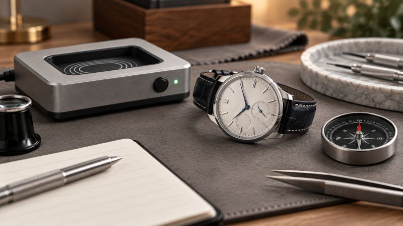 Mechanical wristwatch beside a watch demagnetizer and compass on a watchmaker's workbench
