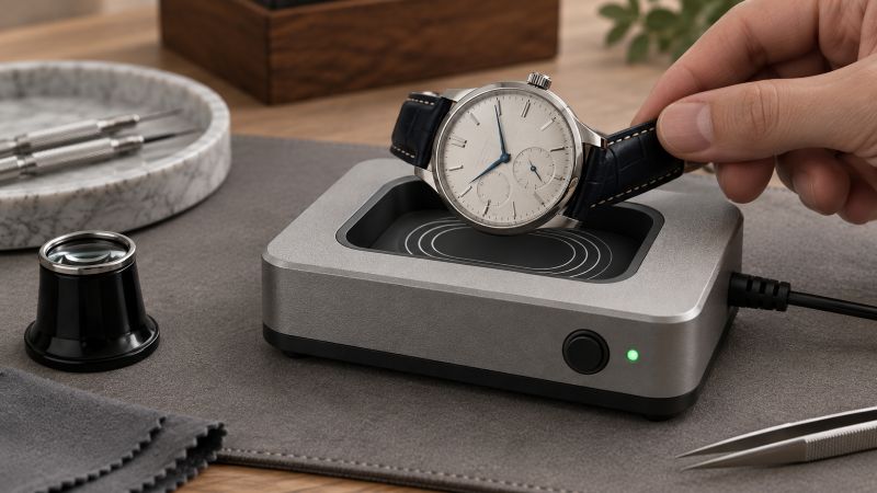 Hand holding a mechanical wristwatch over an electric watch demagnetizer on a workbench