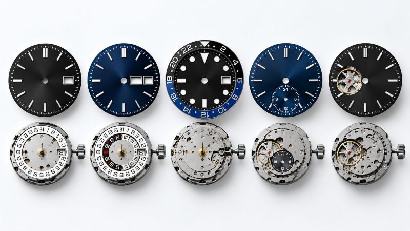 Five watch dial designs with matching mechanical movements, showing differences in date windows, GMT scales, subdials, and open-heart openings.