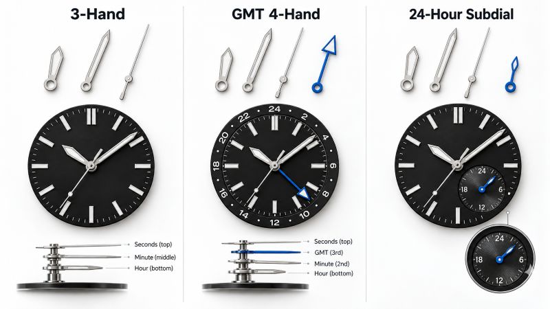 Comparison of standard three-hand, GMT four-hand, and 24-hour subdial watch hand configurations with mounting and hand-stack illustrations.