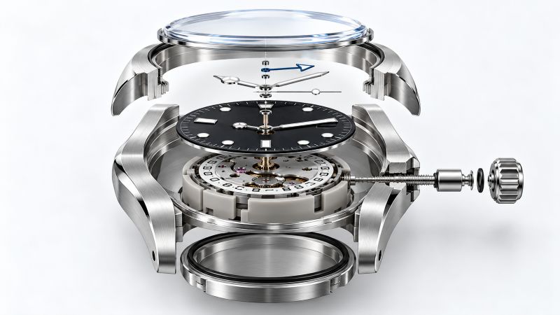 Exploded view of a mechanical watch showing the movement, case, dial, hands, and crystal to illustrate case compatibility and assembly clearance.