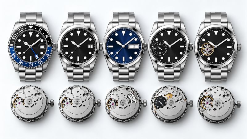 Comparison of NH34, NH35, NH36, NH37, and NH38 watch movements with corresponding GMT, date, day-date, 24-hour subdial, and open-heart designs.