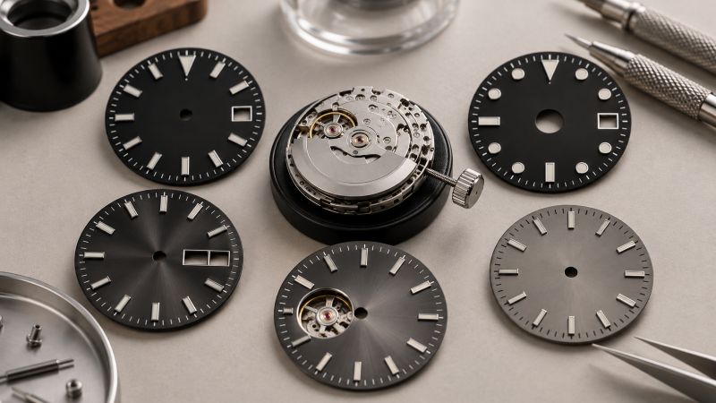 Different watch dial designs arranged around a mechanical movement, showing variations in date windows and center openings.