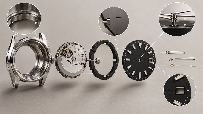 Exploded view of a watch case, NH35 movement, dial, and hands showing key compatibility and alignment points.